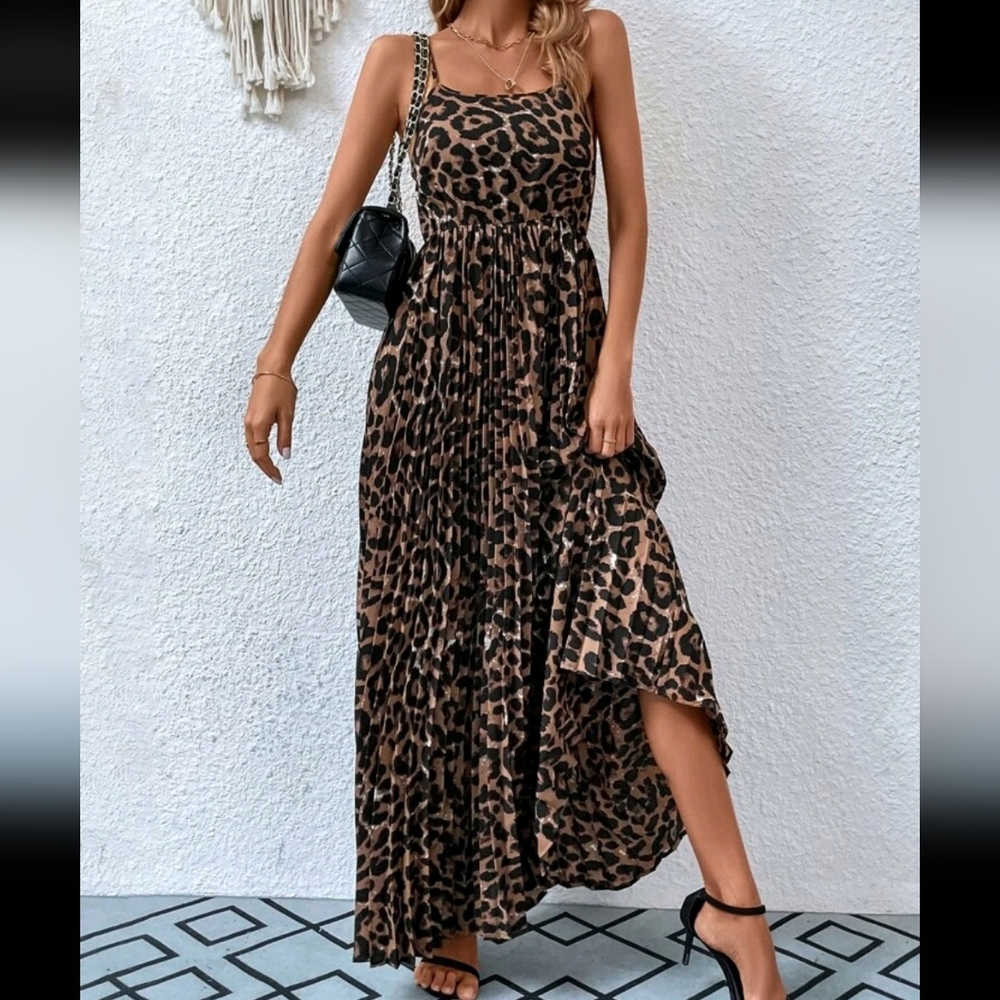 Leopard Print Cami Pleated Maxi Skirt Dress - Picture 4 of 6